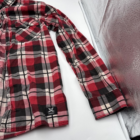 Obey‎ Flannel Shirt Button Down Mens Size Medium Red Checkered Long Sleeve - Picture 2 of 15